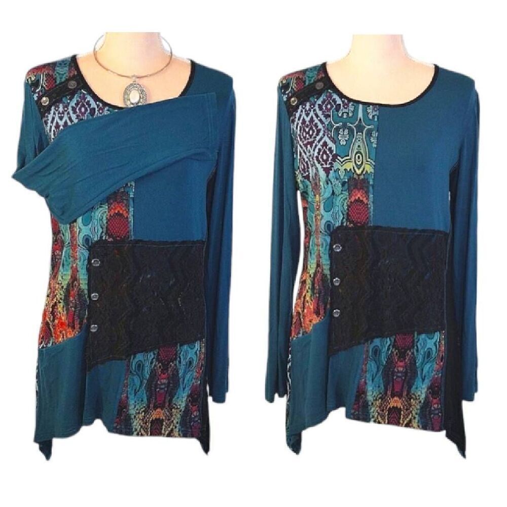 VTG Turquoise Multimedia Patchwork Long Sleeve Fa… - image 7